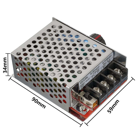Metal casing of 7 to 70V PWM DC Motor Speed Controller 30A with onboard stop and brake switch, showing dimensions