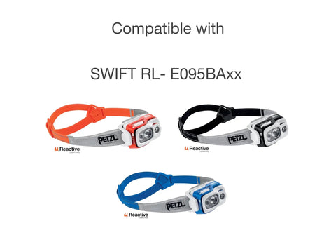 Three Petzl Swift RL headlamps with red, blue, and black straps, showcasing compatibility with E095BAxx model.