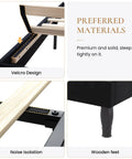 Queen Bed Frame With Fly Velvet Upholstery showing Velcro design and solid wood slat base for noise isolation.