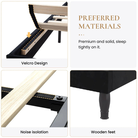 Queen Bed Frame With Fly Velvet Upholstery showing Velcro design and solid wood slat base for noise isolation.