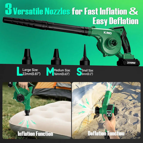 Cordless Leaf Blower Vacuum Combo 4 In 1 with inflation deflation nozzles shown with nozzle sizes and inflation deflation functions