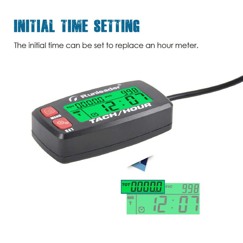 Hour Meter And RPM Tachometer With RPM Alert One Button Data Check Total Engine Hours Dual SVC And SVC2 Countdown Timers Resettable Job Timer Red Button Edition For Easy On The Fly Engine Monitoring, initial time setting display