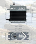 Front and top view of 55KG Brushless Servo with full metal build and magnetic encoder for precise motion and high torque, RC compatible.