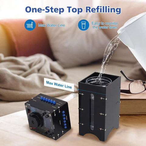 DIY Humidifier Soldering Kit With Time And Humidity Settings OLED Display And LED Light Modes Desktop Electronics Project with water being poured into it