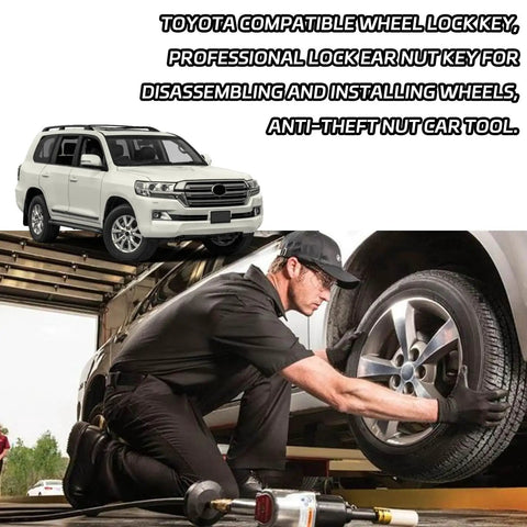 Mechanic using Go To Wheel Lock Key D Type Universal Lug Nut Remover Tool for Toyota and Lexus Cars on a car wheel