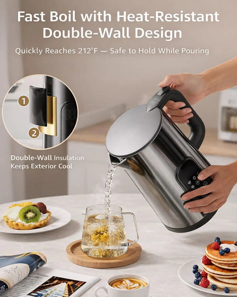 Cordless Electric Kettle With Temperature Control, 1.7L stainless steel kettle pouring hot water into a glass in kitchen