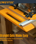 Rock Solid Circular Saw Guide Rail System For Dead Straight Rip Cuts On Plywood And Sheet Panels image showing orange edge guide track mounted for precise cuts.