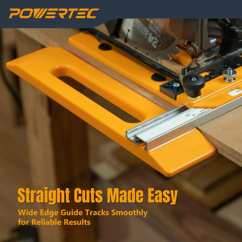 Rock Solid Circular Saw Guide Rail System For Dead Straight Rip Cuts On Plywood And Sheet Panels image showing orange edge guide track mounted for precise cuts.
