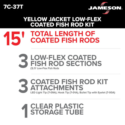 Low Flex Yellow Jacket Fish Tape Wire Puller Kit 15 Feet Coated Fiberglass Rod 750 Pound Pull Strength with storage tube