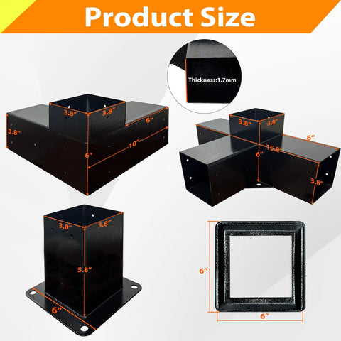 Image showing Beefed Up Iron Pergola Bracket Kit For 4x4 Posts With 3 Way And 4 Way Corner Brackets Includes Metal Base And Screws For Gazebos And Pergolas Built To Last; dimensions and thickness displayed.