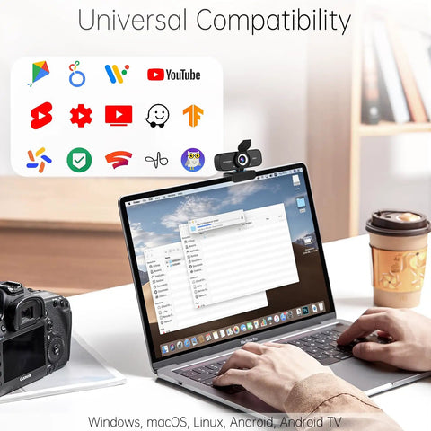Sharp 1080P Hd Webcam With Noise Canceling Mic And Auto Light Correction Featuring Privacy Cover Wide Angle View Simple USB Plug And Play Ready For Laptop Desktop PC Mac shown on a MacBook with coffee cup and camera.