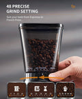 Close-up of Conical Burr Coffee Grinder With 48 Grind Settings, showing grind options from espresso to French press.