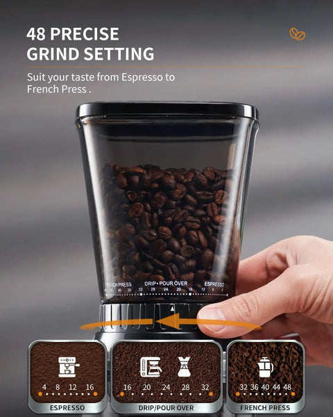 Close-up of Conical Burr Coffee Grinder With 48 Grind Settings, showing grind options from espresso to French press.