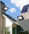 JUDYSSY Solar Flood Lights Solar Led Flood Lights installed on a roof with solar panel, showing dual head setup for outdoor use.
