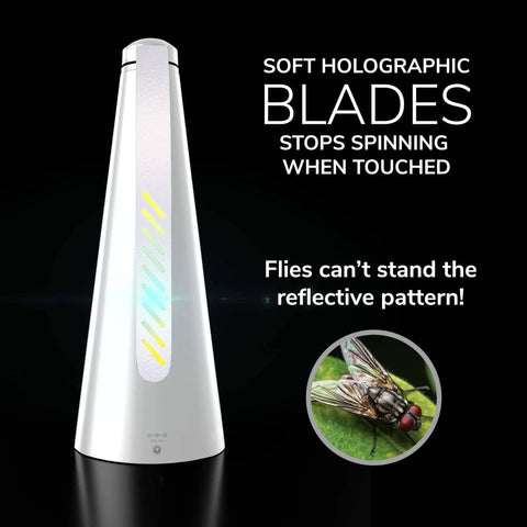 Dual Power Fly Fan For Outdoor Tables That Runs On USB Or AA Batteries Keeps Flies Away At Parties Picnics Restaurants And Camping White Spinner Bug Control Accessory with holographic blades