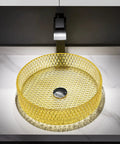 Bathroom Vessel Sink Vanity Glass Vessel Bowl Sink Cylindrical Countertop Sink Bowl Above Counter Sink Art Basin With Faucet And Pop Up Drain,Black in yellow crystal glass.