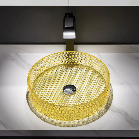 Bathroom Vessel Sink Vanity Glass Vessel Bowl Sink Cylindrical Countertop Sink Bowl Above Counter Sink Art Basin With Faucet And Pop Up Drain,Black in yellow crystal glass.