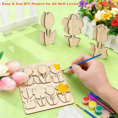 Unfinished Wood Flower Painting Kit With 12 3D Tulip Blooms, DIY Spring Craft Set For Adults And Family, Blank Wood Cutouts For Home Decor