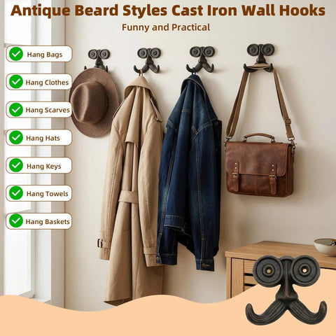 Heavy Duty Kickass Cast Iron Mustache Wall Hooks holding bags and coats on a wall, showcasing beard-shaped coat racks for home use.