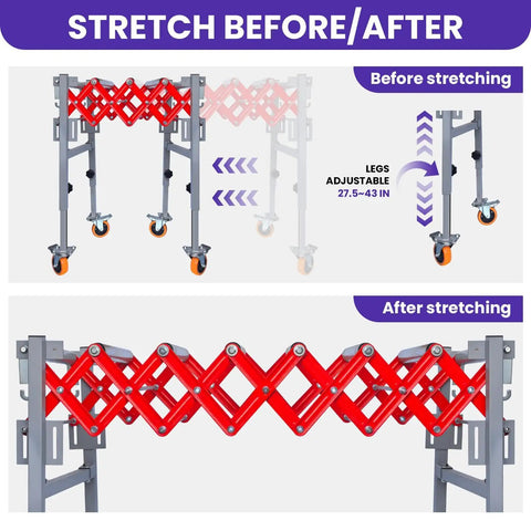 Adjustable Roller Conveyor System With 700 Lbs Capacity, flexible 13 to 47 inch roller, before and after stretch view.