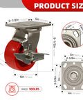 Front view of stainless steel 4-inch heavy-duty caster with red polyurethane wheel and brake on a square mounting plate; 900 lb capacity.
