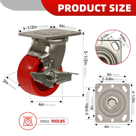 Four Inch Stainless Steel Casters With Solid Polyurethane Wheels Heavy Duty Rust Proof Industrial Locking Brakes dimensions and specifications.
