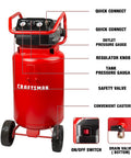 Features of 20 Gallon Oil Free Air Compressor With 1.8 HP Motor Pushing A Full 175 PSI including gauges and valves.