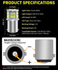 Product specifications for 1156 1141 7506 BA15S LED Bulbs White, 10 Pack, showing size and LED configuration diagram.