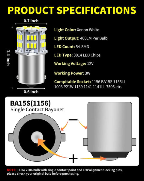 Product specifications for 1156 1141 7506 BA15S LED Bulbs White, 10 Pack, showing size and LED configuration diagram.