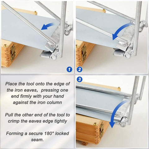 Standing Seam Lock Tool For Metal Roofing Eaves Seam Locker Drip Edge Hemming Bender in use on a metal panel.