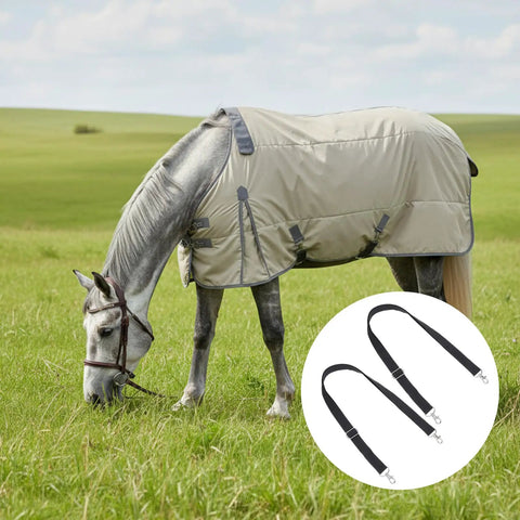 2 Pack Horse Blanket Leg Straps Adjustable Elastic With Double Swivel Snaps Replacement 24 To 42 Inches shown with horse blanket
