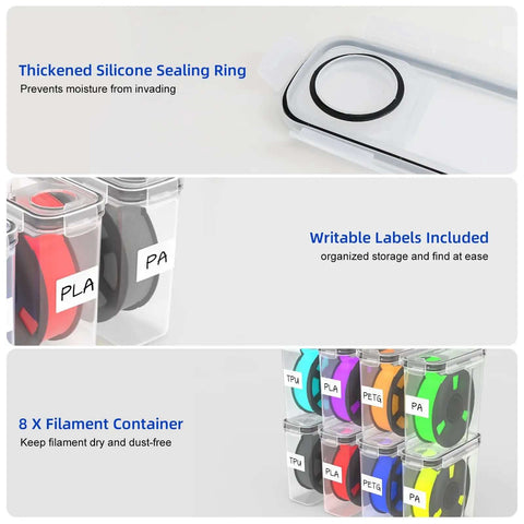 8 Pack Filament Storage Case For 1.75mm Spools, Airtight Silicone Seal, Dust Proof Reusable Organizer With Writable Labels