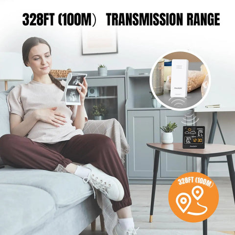 Indoor Outdoor Thermometer and Hygrometer Wireless Weather Station With 5-Inch VA Display, USB-C Powered on table