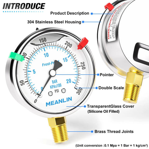 Stainless Steel Silicone Oil Filled Pressure Gauge 0-300 Psi 1/4 NPT 2.5 Inch Dial Lower Mount with double scale and brass thread joints