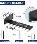 Hidden Floating Shelf Brackets Set 6 Pack 6 Inch Heavy Duty Black Metal L Brackets dimensions and included screws detail.