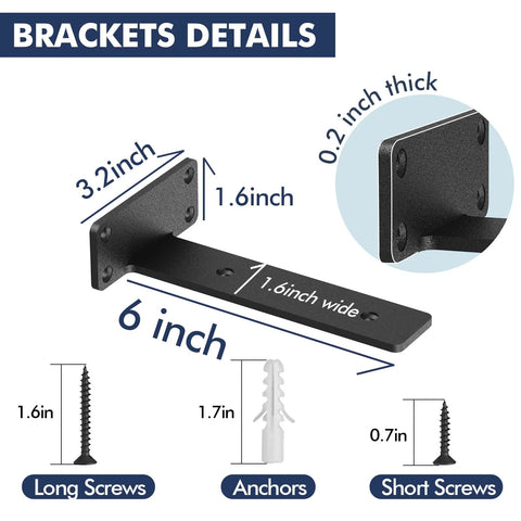 Hidden Floating Shelf Brackets Set 6 Pack 6 Inch Heavy Duty Black Metal L Brackets dimensions and included screws detail.