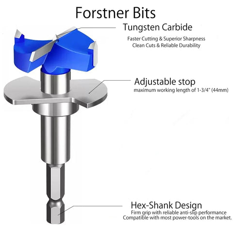 Top Notch 5 Piece Adjustable Depth Forstner Drill Bit Set With Hex Shank Carbide Tipped woodworking bit with tungsten carbide tip.