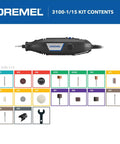 Dremel 3100-1/15 variable-speed rotary tool with 15 accessories; front view of tool and kit contents grid.