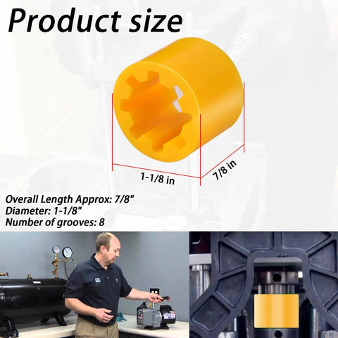 Close-up of yellow vacuum pump coupler sleeve for PR208/PR308; 1-1/8 in diameter, 7/8 in long, eight internal grooves