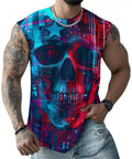 Mens Sick American Flag Skull Tank Top Summer Sleeveless Graphic Tee in blue and red, perfect for workouts and beach wear.