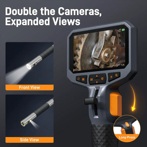 Two Way Articulating Borescope With Dual Lens Endoscope Camera For Tight Spaces LED Light Flexible Fiber Optic Snake Scope Cam For Wall And Auto Inspections 5 Feet showing dual camera views and controller