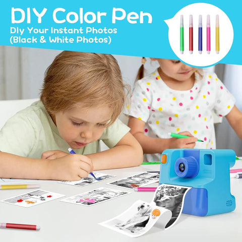 Kids Instant Print Camera For Totally Fun Photos Gift For Boys And Girls Ages 3 To 12 FHD Selfie Video Camera Includes 3 Print Paper Rolls And 32GB Card Blue Lanyard USB C Cable Easy To Use And Kid Approved Creative Fun, kids coloring photos