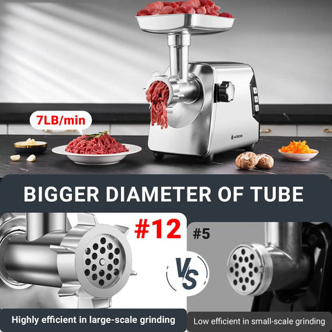 Aaobosi No 12 Meat Grinder With 3000W Max Power And Copper Motor Processing 7 Lbs Per Minute showcasing stainless steel build and large grinding tube.