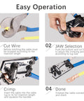 Heavy Duty Battery Lug Crimp Tool With Cable Cutter And 12 Copper Lugs Set, showing step-by-step cable crimping process
