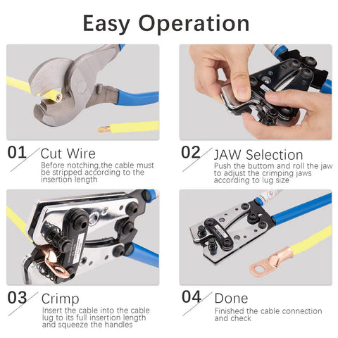 Heavy Duty Battery Lug Crimp Tool With Cable Cutter And 12 Copper Lugs Set, showing step-by-step cable crimping process