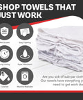 White 100 Percent Cotton Shop Towels 500 Count Heavy Duty Commercial Industrial B Grade 14 By 15 Inches stacked on table