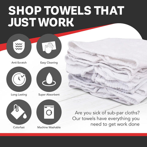 White 100 Percent Cotton Shop Towels 500 Count Heavy Duty Commercial Industrial B Grade 14 By 15 Inches stacked on table