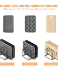 Sturdy Steel Kitchen Cabinet Organizer Rack With Five Slots For Skillets Pans Baking Trays And Chopping Boards Heavy Duty Cookware Holder For Mess Free Countertop Or Cabinet Storage, shown holding baking sheets and cutting boards.