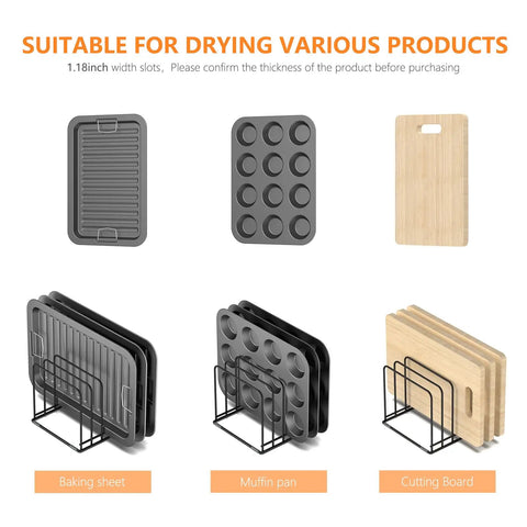 Sturdy Steel Kitchen Cabinet Organizer Rack With Five Slots For Skillets Pans Baking Trays And Chopping Boards Heavy Duty Cookware Holder For Mess Free Countertop Or Cabinet Storage, shown holding baking sheets and cutting boards.