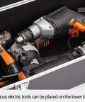 Close-up of All In One Tool Box Organizer For Home DIY And On The Go Foldable Tool Chest with electric tools inside tray